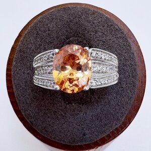 Sterling Silver 925 Peach Cubic Zirconia White CZ Accents Statement Ring Size 9